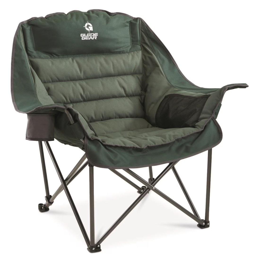 Guide Gear oversized green padded folding camp chair with steel frame, cup holder, and mesh side pocket