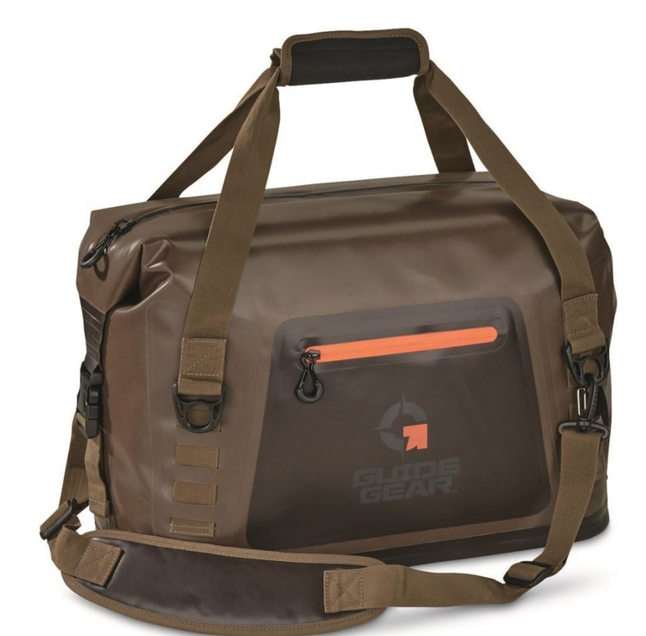 Guide Gear brown waterproof soft-sided duffel bag with orange zipper pocket and shoulder strap